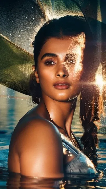 Full body photo of  ( Pooja Hegde ) in Hellblade: Senuas Sacrifice, emerging from a beautiful pond, long hair, horny expression,free hair, dirty face, finely detailed eyes, old bikini clothes revealing her cleavage and navel,she ìs confident about her body...