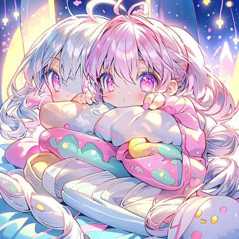 Beautiful illustrations、top-quality、cute、bedroom、Pastel colors、Fluffy bunny ears、small、Silver long hair、Stuffed rabbit、Bright lighting、Bright pink eyes、 ponytail、Kawaii Tech,