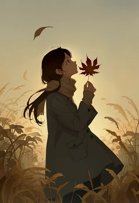 (Soft layers of autumn colors),(Alone),One girl(Long brown hair, cute, Autumn outfit, scarf, Coat, boots, Picking leaves(Shining golden in the sunlight),Full Body,Look away),(from side:1.5), Long Hit, (Simple minimalist white background:1.5), break ,qualit...