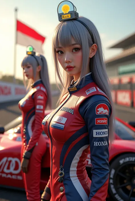 (masterpiece, best quality, beauty, best ratio, best shadows,best Illustration, wallpaper size,1080×2400 pixels,detailed face,1 girl,  japanese theme, detailed costume) 


A realistic racing scene featuring female ( golden ratio face, big eye ,grey color h...