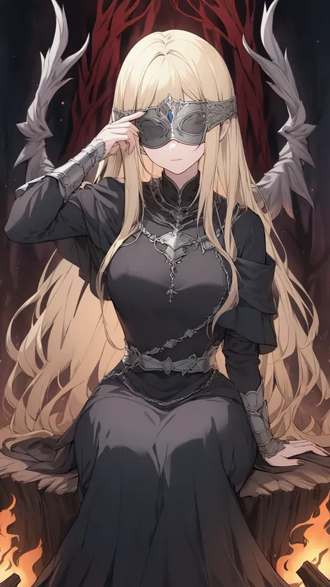 Dark Souls 3 Firekeeper, beautiful, regal, blonde beautiful straight hair, silver metal eye blindfold, sitting on a log by a bornfire, dark mystical forest background 