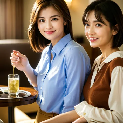 ((White Wine)),((Wine Glasses)),(Realistic, 超Realistic:1.4), 16K HDR, High resolution,((White Wine)),((Wine Glasses)),Happy smile、short hair,The best smile、Japanese actress,so beautiful(It looks like the real thing),dress、Slim couple、Model Couple、(Realisti...