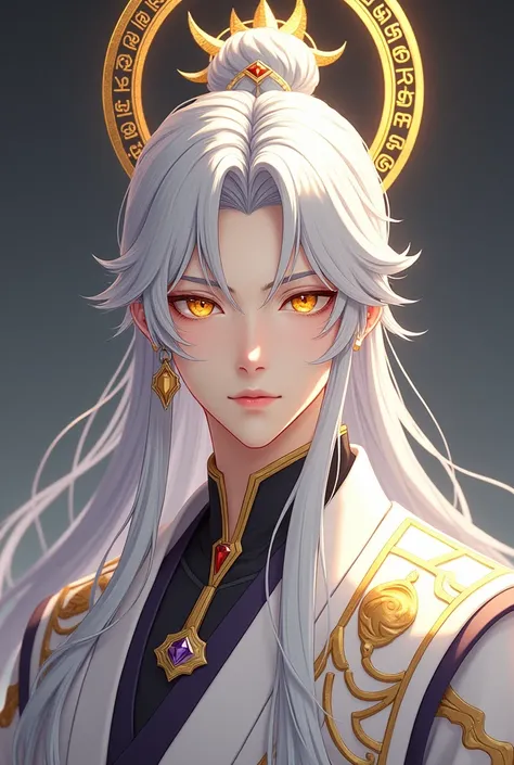 Full body image, handsome young protagonist xianxia,long silver hair, accessories like mini claw on hair,handsome face,golden amber eyes ((make eyes like realityl)),calm and  cool aura ,at back head is god circle with immortal rune((the color is combinatio...