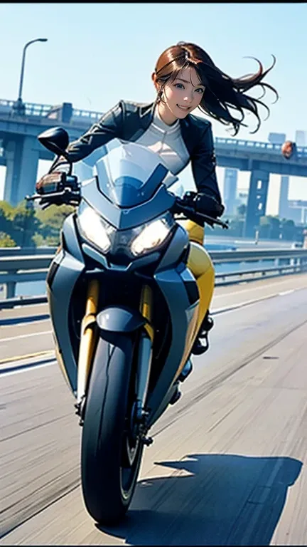 On the road, 、A beautiful woman dressed in a bodycon rides a 、 1500cc super-large scooter、 (((Wheelie)))  speeding across a vast bridge on a 1500cc superbike、(This scene、It captures the speed and power of the scene....))), (((Dynamic and powerful compositi...