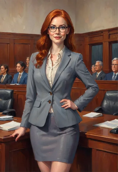 (full body:1.4),((realistic illustration:1.4)), Tall, slender ((redhead)) woman of Irish descent. (pale:1.3)complexion. blue eyes, cute butt, nice legs. Kind eyes, cute smile. Eyeglasses, Mascara, eye shadow, blush, necklace, gray blazer and pencil skirt, ...