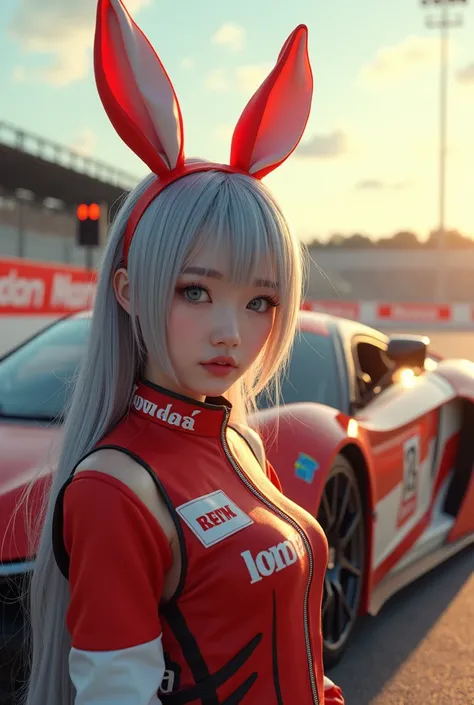 (masterpiece, best quality, beauty, best ratio, best shadows,best Illustration, wallpaper size,1080×2400 pixels,detailed face,1 girl,  japanese theme, detailed costume) 


A realistic racing scene featuring female ( golden ratio face, big eye ,grey color h...