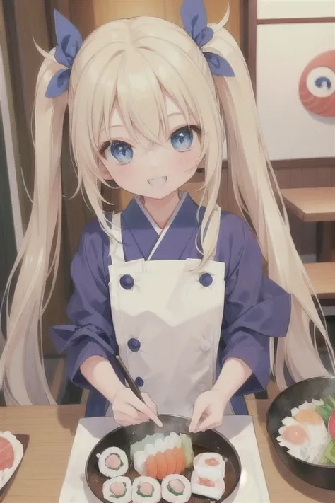 cute ,,Alone,wind,Light blonde, blue eyes, very long twin tails,blue ,smile,Double teeth,,dramatic, masterpiece, Best Quality,
Kappo、Inside a Japanese restaurant 、（Making sushi）、Looking up、fish、fishの調理中、Chef、