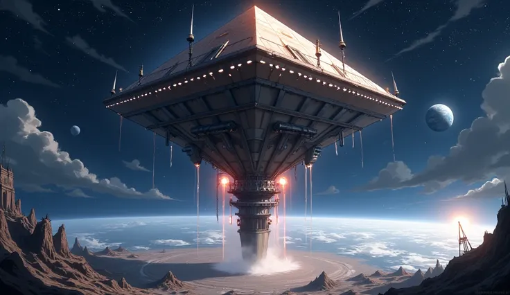 Anime style, Wide angle View from outer space, earth visible, In a dystopian future, high above the Earth in space, a massive, ominous machine shaped like an inverted pyramid hovers in the sky. The pyramid, with glowing energy lines along its sharp metalli...