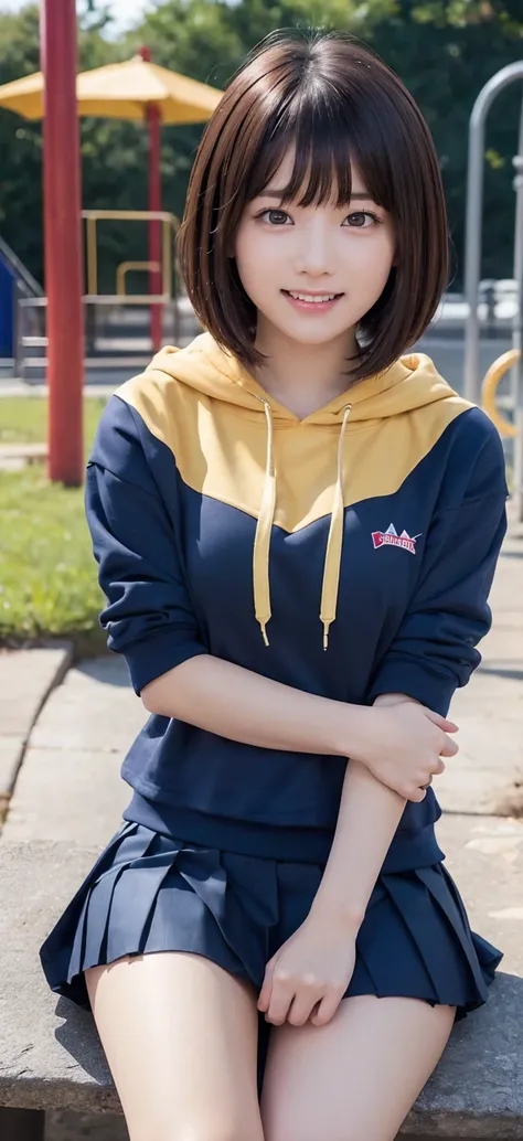 One beautiful girl, Sitting, Knees to chest, Hug your legs, From the side, (Cropped hoodie, Navy blue pleated micro mini skirt:1.3), (18 years old:1.3), break, (Park playground equipment background), break, Shy laugh, baby face, Very beautiful eyes, (Symme...