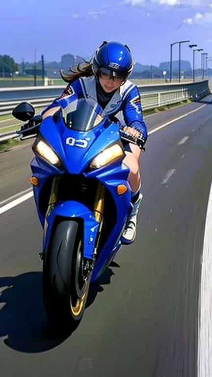 On the road, 、 a woman in a sailor suit is riding a 、Im riding a 1500cc racing bike。.。.., (((Wheelie)))  speeding across a vast bridge on a 1500cc superbike。, . (This scene、It captures the speed and power of the scene....))), (((Dynamic and powerful compos...