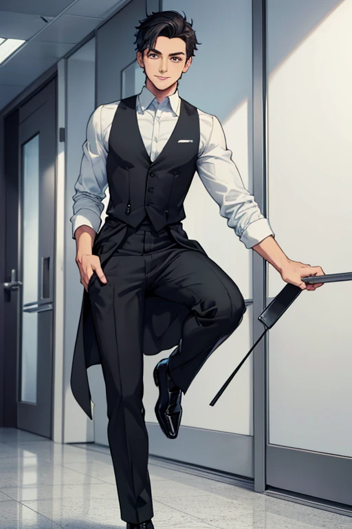 male, black short hair, blue eyes, (((1boy))), (((white dress shirt))), (grey vest), (black suspenders), (black pants), (black dress shoes), handsome, skinny, long legs, smiling