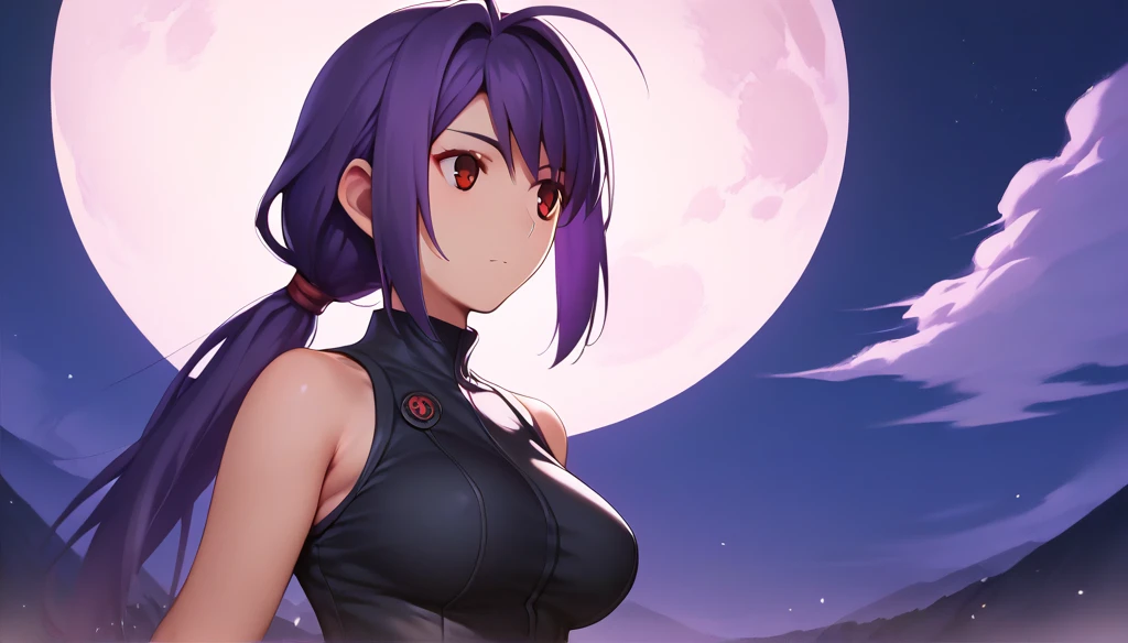 Score_9, Score_8_up, Score_7_up, One Girl, Hirokazu Koyama ,sexy,Pixel Perfect,Large Breasts,Anatomically correct, masterpiece ,Very detailed,8k,( fits your body,Rider Suit,Sleeveless,),, Red eyes, ( Long Hair, Purple Hair, There is a parting in the middle...