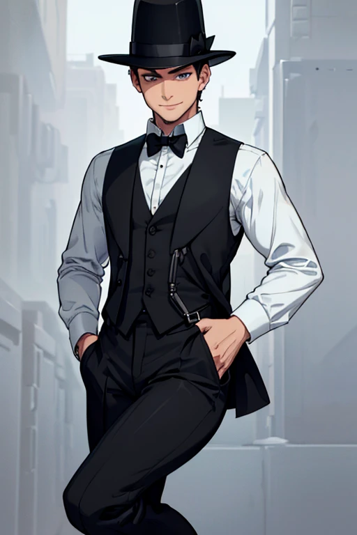 male, black short hair, blue eyes, (((1boy))), (((white dress shirt))), (grey vest), (black bowtie),  (black bowler hat), (black suspenders), (black pants), (black dress shoes with white spats), handsome, skinny, long legs, smiling