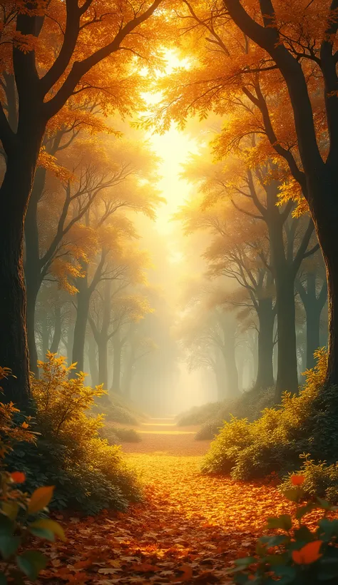 “A serene autumn forest at sunset, where golden leaves blanket the ground and a soft mist rises, casting an ethereal glow. The light filters through the trees, creating a sense of warmth and nostalgia.