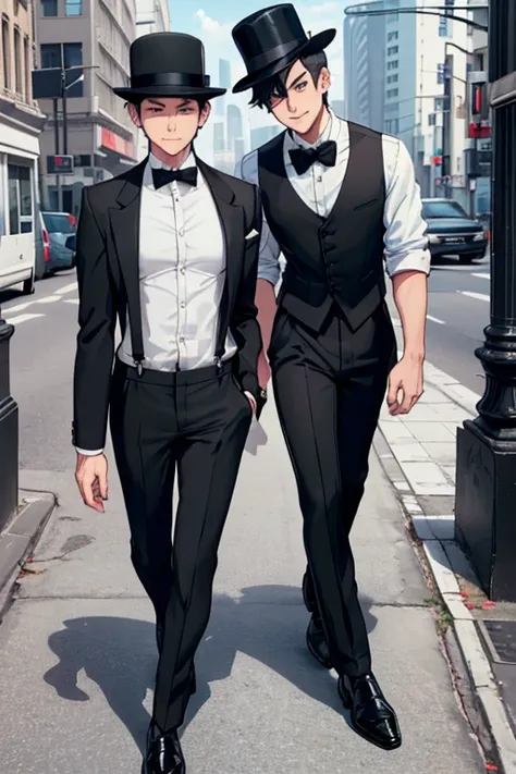 male, black short hair, blue eyes, (((1boy))), (((white dress shirt))), (grey vest), (black bowtie),  (black bowler hat), (black suspenders), (black pants), (black dress shoes with white spats), handsome, skinny, long legs, smiling