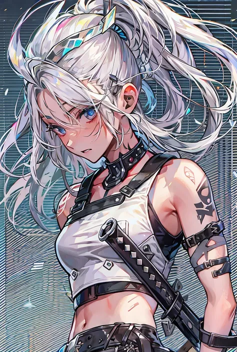 Punk clothing,Cybertic Sword,Shiny Hair, Side braids, Wet Hair, Medium Hair, Silver Hair,Slanted Eyes, Simple Background, Scar on cheek, Best Quality, Textured skin, 