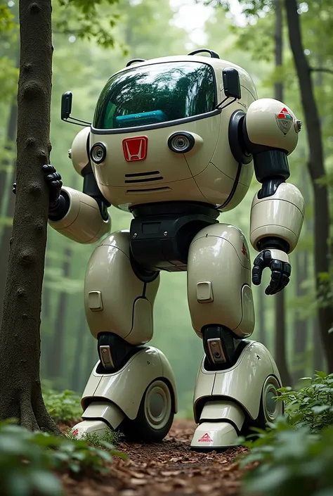  Honda large camper robot 、Has arms and legs,Classic,High resolution, see the interior room through the windshield, SF,conversion,forest,Put the Honda logo , attaches a ladder to the body ,Smooth body,The left hand grabs a standing tree ,Body color that bl...