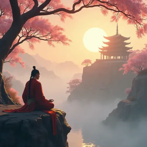  A serene moment from   " black myth : Wukong ," featuring Sun Wukong  meditating on a cliff overlooking a tranquil,  ancient landscape .  The area is shrouded in soft ,  golden light from the setting sun ,  with sakura trees ,  that gently sway in the win...