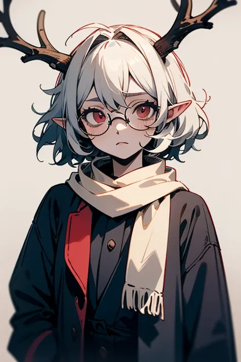 ((illustration)), ((disheveled hair)),  anime beautiful girl bust painting，The cool-toned ，Face the lens，A plain gaze ， Scary and creepy， Dangerous and impressive red eyes ，Blue-grey mottled short hair ， has large, specimen-like reindeer antlers on its hea...