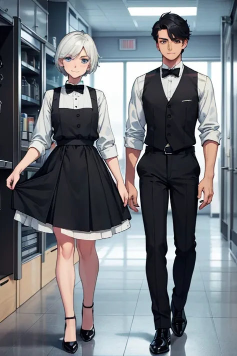 male, black short hair, blue eyes, (((1boy))), (((white dress shirt))), (grey vest), (black bowtie), (black suspenders), (black pants), (black dress shoes with white spats), handsome, skinny, long legs, smiling