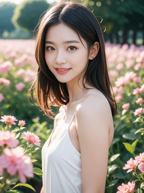 highest quality, masterpiece, ultra high resolution (realistic: 1.4), Raw photo, 1 girl, white dress, bare shoulders, field of pink flowers, glowing skin, slight smile