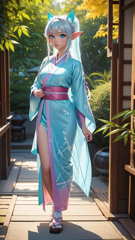 ⒉ 5D realistic 　 platinum long sauvage 　 pretty girl elf with large turquoise blue eyes shining with unique left and right bamboo ears 　 Wear a Japanese kimono made of light pink silk woven fabric with large, small, and large rune patterns woven in color t...