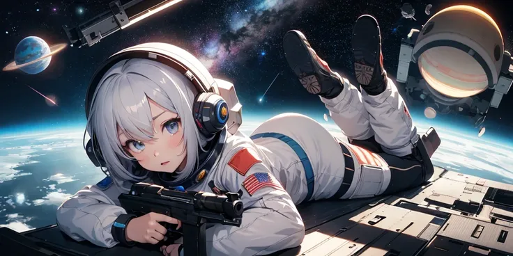 anime girl laying on the ground with a gun and planets, girl in space, nightcore, in outer space, anime manga robot!! anime girl, anime girl desktop background, top rated on pixiv, hd anime wallaper, portrait anime space cadet girl, (anime girl), anime gir...