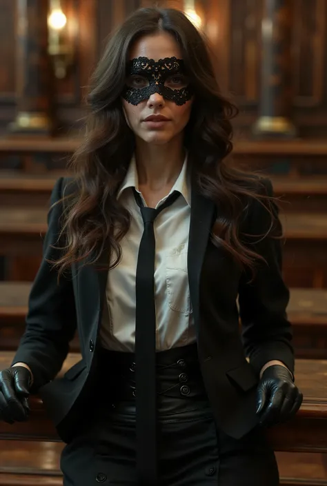 one woman, solo, sexy, seductive, beautiful, (bottom-length very long brunette hair:1.3), sexy smile, perfect face, pale sking with sexy tiny freckles, (black lace mask covering piercing eyes:1.3), (tailored black blazer over white shirt and black corset:1...