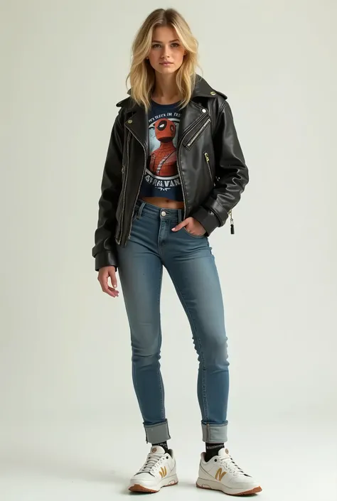 ealistic women, Blonde Hair、Hairstyle: Medium long、、Leather jacket、 starwars shirt,, likes Star Wars, marvel and skateboarding, all interests should be inclouded, she should wear something deadpool or Spider-Man themed, a whole body shot with a neutral bac...