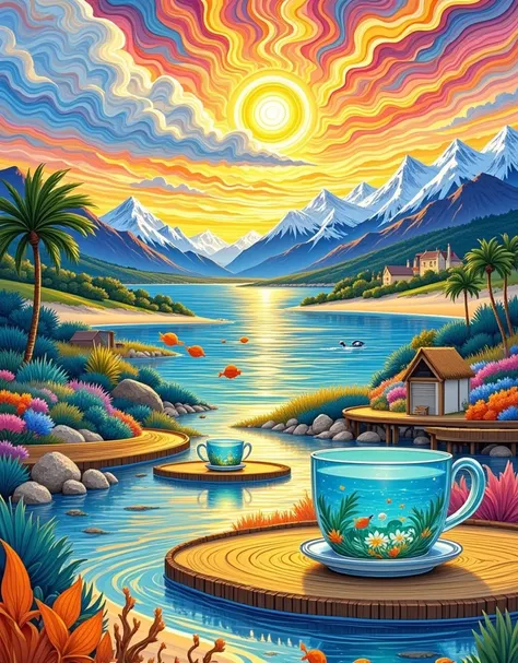  gradual halo of light ，Distorted comics ，van gogh，The art of paper，Color ink style，and mumford，Microworld ，Microlenses，Isometric view， Char style house on a tropical beach ， ocean in a large milk glass on a table。 small marine life in a cup ， underwater p...