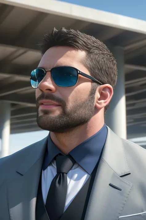 An award-winning original photo，(A wild muscular man:1.3), (40 years old daddy:1.1), 1boy, Solo, (small white suit), (black necktie), (big shoulders), musculature, stubbles, Short beard, Beautiful eyes:1.3, ), (Detailed face:1.3), (wearing round blue sungl...