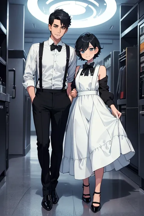 male, black short hair, blue eyes, (((1boy))), (((white dress shirt))), (red vest), (black bowtie), (black suspenders), (black pants), (black dress shoes with white spats), handsome, skinny, long legs, smiling