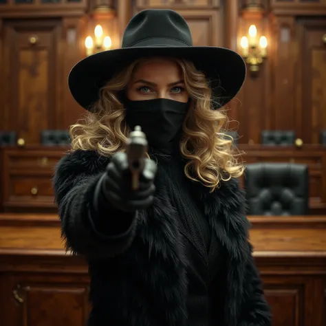 curly medium length blonde woman, sexy, seductive, beautiful, piercing blue eyes, black wide brim hat, (black silk scarf mask covering nose and mouth:1.3), black fur coat with gloves, aiming a gun, in a courtroom,  ultra realistic, extremely realistic, pho...