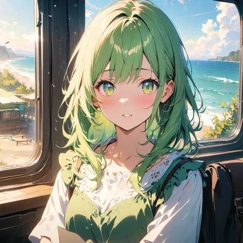 (Three girls sitting on train seats looking out the window at the ocean), super cute, (pastel art, pastel drawing by Takano Aya), trending on pixiv, conceptual art, beautifully detailed eyes, beautifully detailed lips, highly detailed faces and expressions...