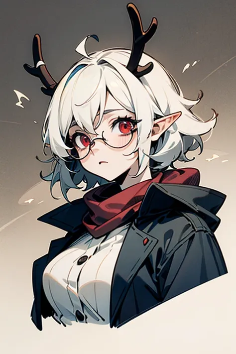 ((illustration)), ((disheveled hair)),  anime beautiful girl bust painting，The cool-toned ，Face the lens，A plain gaze ， are scary and creepy， Dangerous and impressive red eyes ，Blue-grey mottled short hair ， has large, specimen-like reindeer antlers on its...