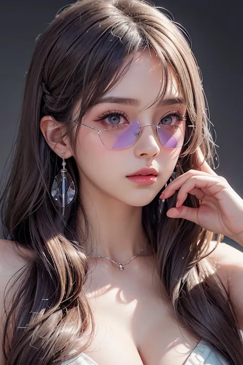 1girl, High Resolution, gray long Hair, Large breasts, Crystal Earrings, Blush, purple eyes,Parted Lips, Close-Up, Sunglasses, Minimalism,close mouth