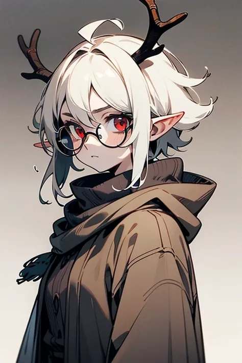 ((illustration)), ((disheveled hair)),  anime beautiful girl bust painting，The cool-toned ，Face the lens，A plain gaze ， is scary and creepy， Dangerous and impressive red eyes，Blue-grey mottled short hair ， has large, specimen-like reindeer antlers on its h...