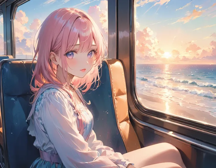 (Three girls sitting on train seats looking out the window at the ocean), super cute, (pastel art, pastel drawing by Takano Aya), trending on pixiv, conceptual art, beautifully detailed eyes, beautifully detailed lips, highly detailed faces and expressions...