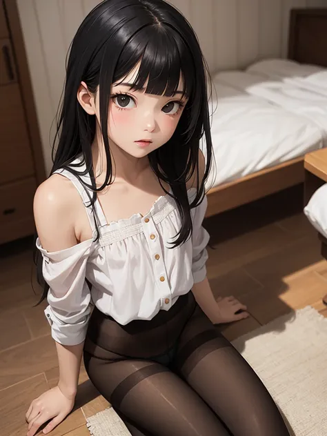 masterpiece, best quality, 1 girl, solo, 15years old, flat chest, mai, black eyes, black hair, long hair, blunt bangs, straight ...