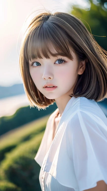 ((Hair blowing in the wind、No makeup:1.2))、(Realistic、Photorealistic、Super detailed、Best detailed skins、Best Quality、masterpiece、Super A high resolution)、Cute Russian Women、14 years、High school girl、Young girl、1 girl、Has bangs、Ash Blonde:1.7、double eyelid、...