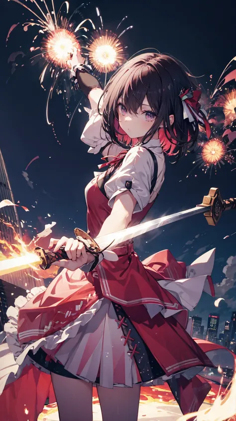 (masterpiece), Best Quality, Expressive eyes, Perfect Face, Super detailed, One girl, Alone, a goddess holding a Giant Sword,Flaming Sword, Combat Stance, Dynamic Angle, [attack battle form, Giant Swordを持っている, Elusive , [attack,Glare,  Weapon close-up, Gia...