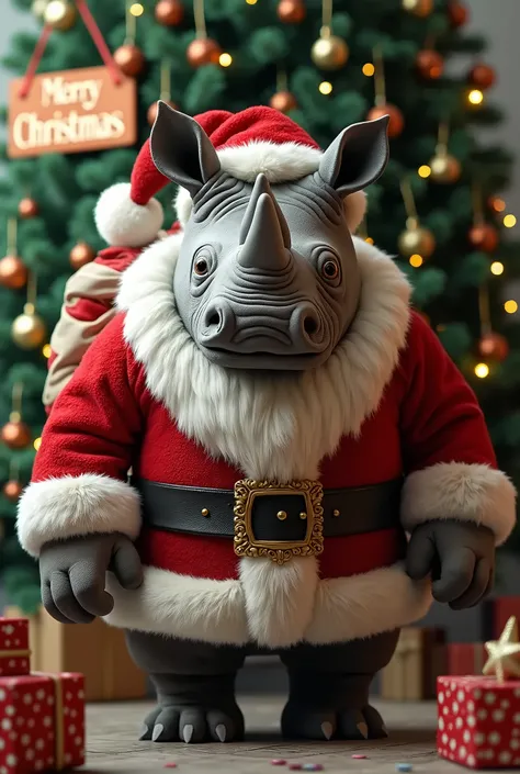 Rhinoceros dressed as Santa Claus ,  in front of Christmas tree with “Merry Christmas” sign 