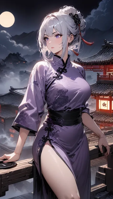 (((best quality))),(((Super detailed))),(((masterpiece))),illustration,1man, Mature Beautiful Woman Silver Hair Purple Dress , Traditional Chinese Fashion ,Permanent, Ink Style ,martial arts,attitude,roof,moonlight,night,background, Ancient Chinese Archite...