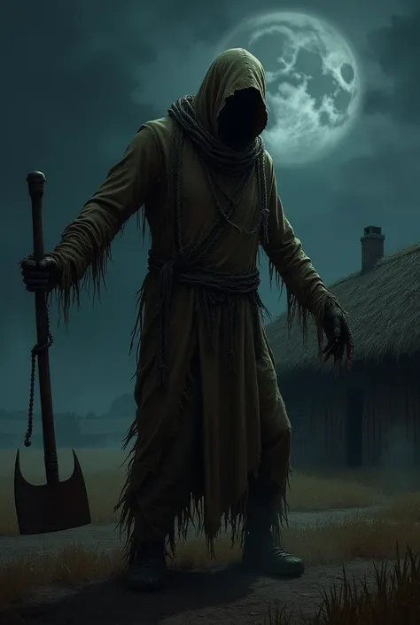 Scarecrow in rag clothes 
With a burlap sack around his head and a rope around his neck holding a sickle at night near a straw house on a farm 