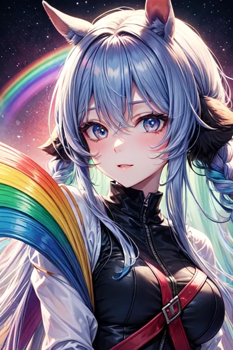 Horse Girl、Horse ears 、Rainbow hair colour、Gradient hair texture、Long Hair、Rainbow Eyes、whole body、Cute expression、