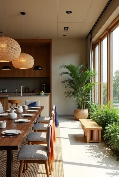 "An airy living and dining room blending Japandi and Tropical styles, featuring a neutral palette of light wood and earth tones as the foundation. The walls and ceiling are in warm beige and light grey, creating a serene backdrop. The dining area has a tra...