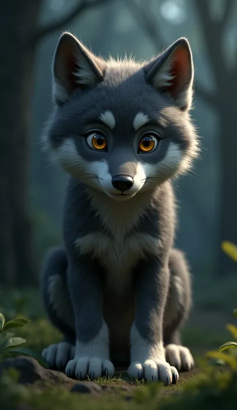 high definition image, disney pixar 3d style, with vibrant and emotional details.  A 6-month-old wolf cub with a dark gray coat, dense and with a soft glow .  His paws and snout have touches of white .  His eyes are intense yellow ,  with a calculated and ...