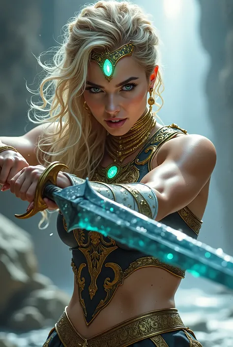 A strong and tall woman, blond straight hair, braided, black eyebrows, green eyes, tanned skin. Dressed in an gold and black sleeveless goddess armor, a ice gem logo in the torso, wears a gold tiara and he wears a shiny ice gem on his forehead. She is in a...