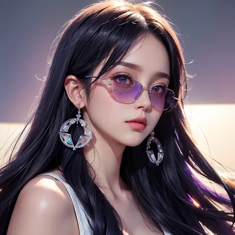 1girl, High Resolution, blue long Hair, Large breasts, Crystal Earrings, Blush, purple eyes,Parted Lips, Close-Up, Sunglasses,close mouth,Minimalism, 