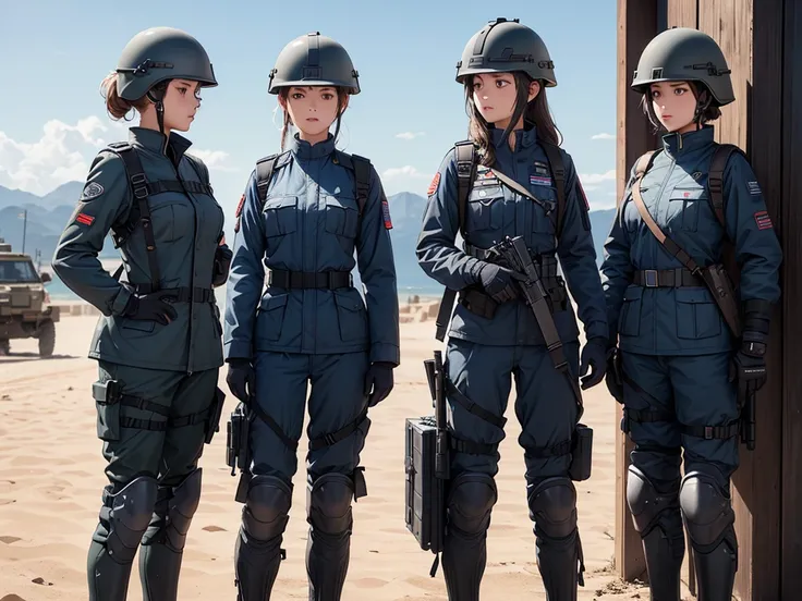  Four female soldiers wearing helmets stand standing， wearing gray-blue jackets and military uniforms 、same posture、Military Pants、Shoulder Straps、Knee pads、Tactical Holster、Military base entrance ，Write details、masterpiece、Best quality、Highly detailed CG、...